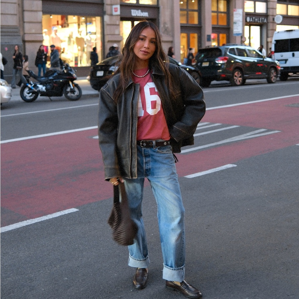 Mango Distressed Oversized Brown Leather Jacket